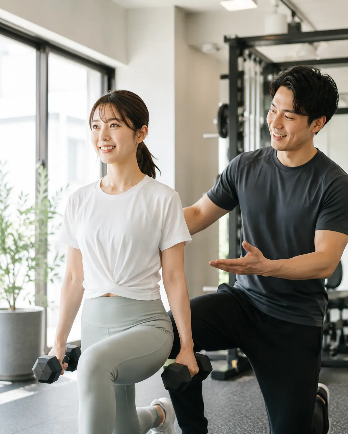 トレーナーのサポートを受けながらランジトレーニングをする利用者