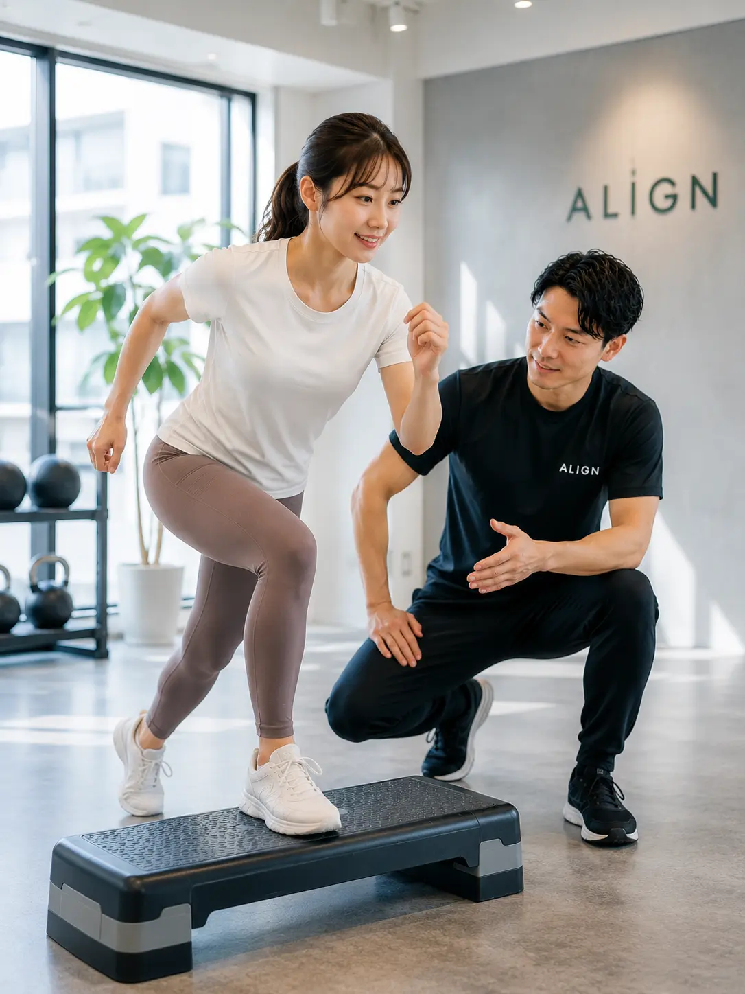 ステップ台を使い、日常動作につながる機能的なトレーニングを行う様子