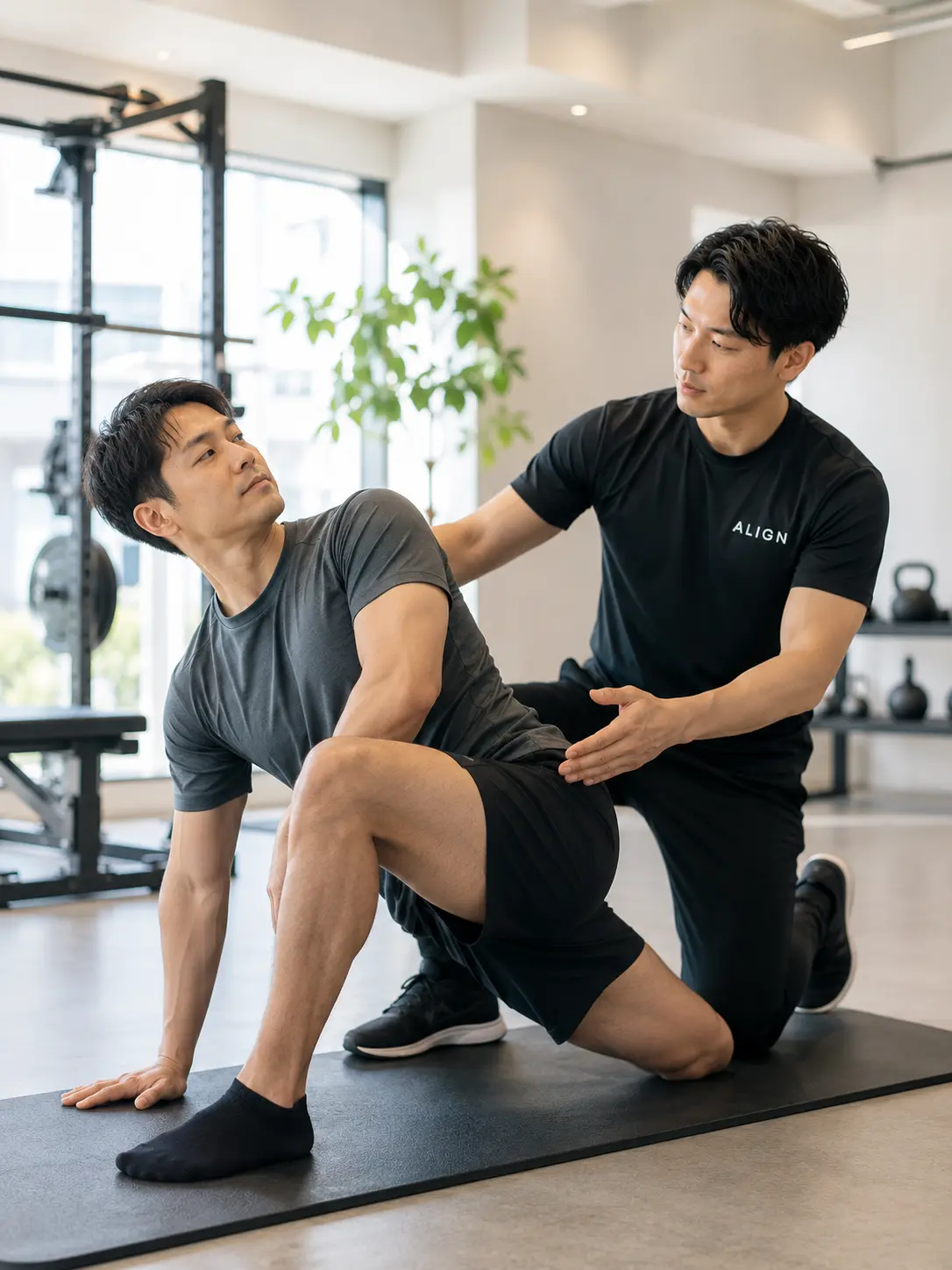 トレーナーのサポートを受けながら身体の可動域をチェックしストレッチを行う様子