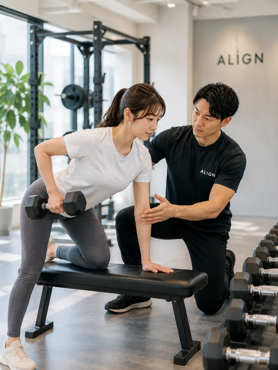 トレーナーのサポートを受けながらダンベルを使ったウェイトトレーニングを行う利用者