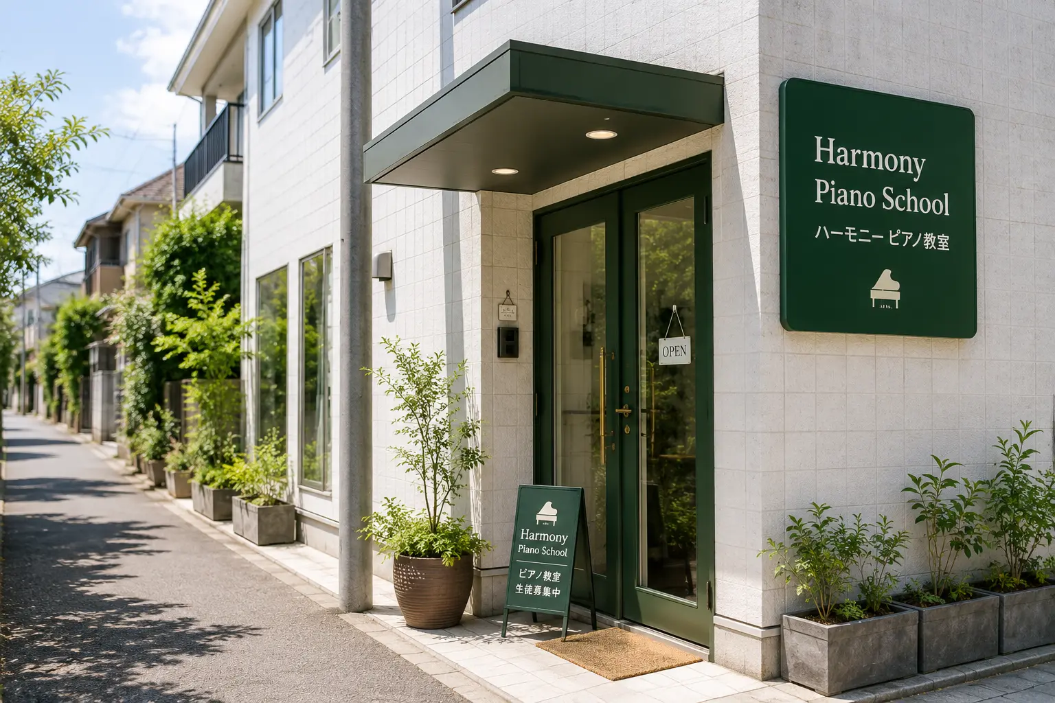 「Harmony Piano School」の看板とグリーンが並ぶ、教室入口の明るいエントランス