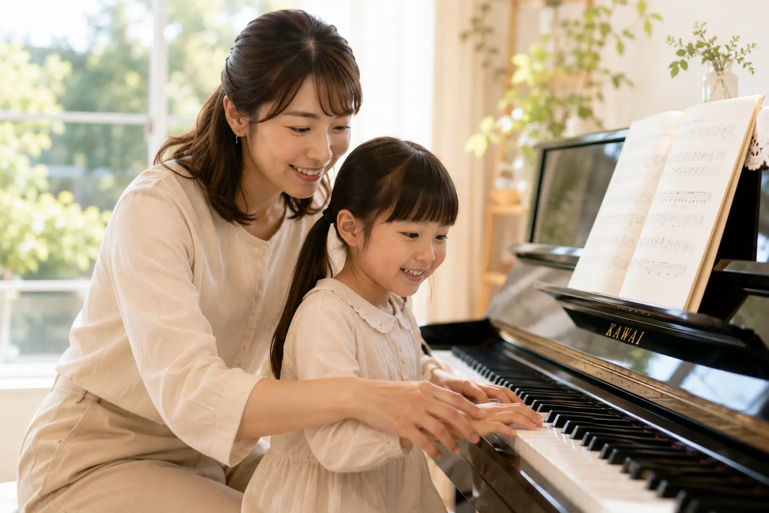 アップライトピアノの前で、女の子の手を優しく支えながら一緒に鍵盤に触れる先生