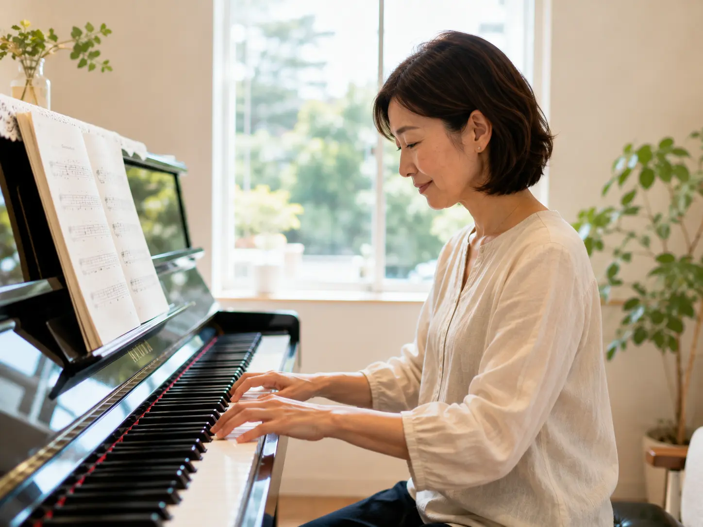 アップライトピアノで鍵盤を見つめながら演奏する大人の女性