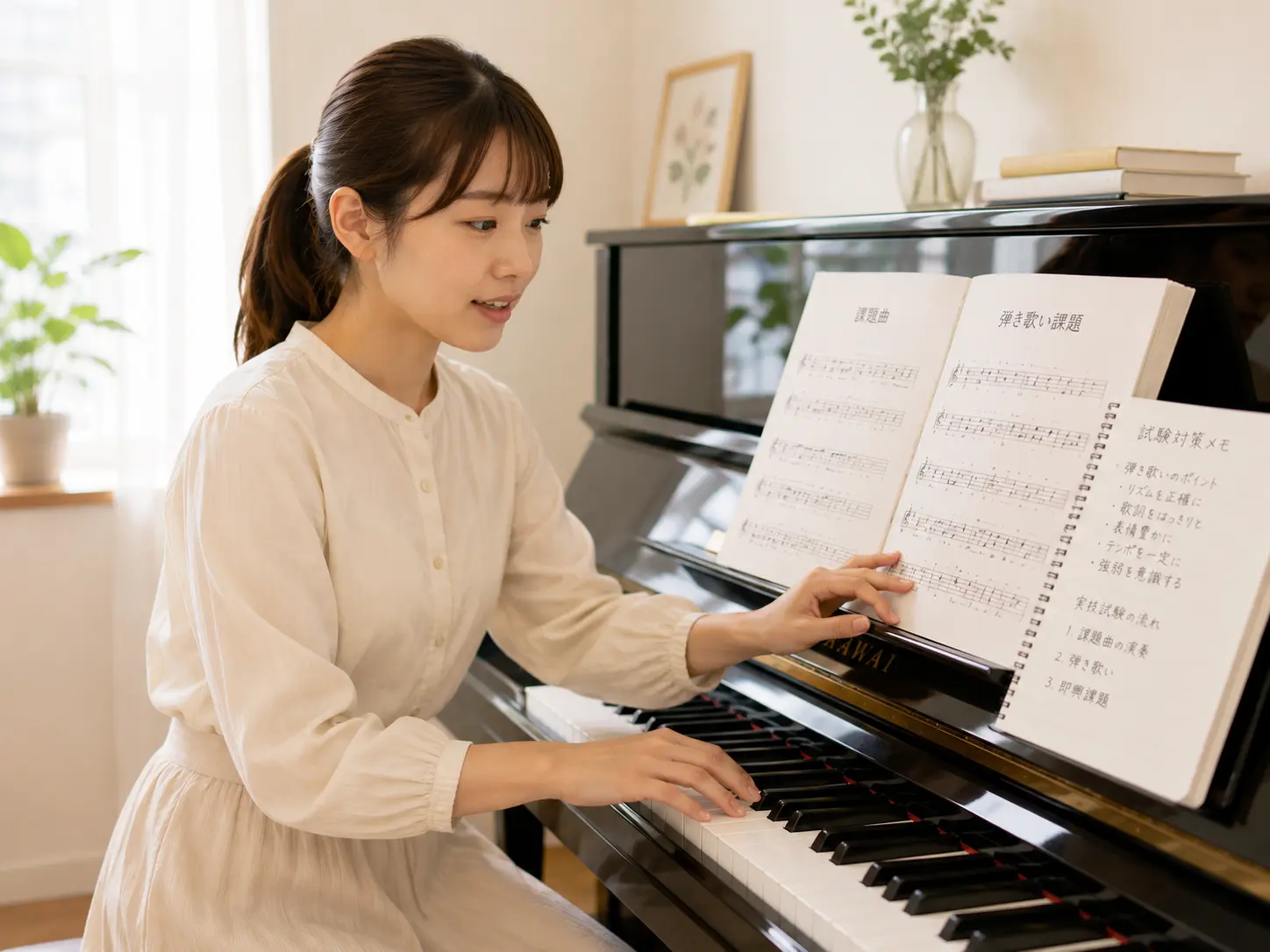 弾き歌いの試験対策メモを見ながらピアノに向かう女性