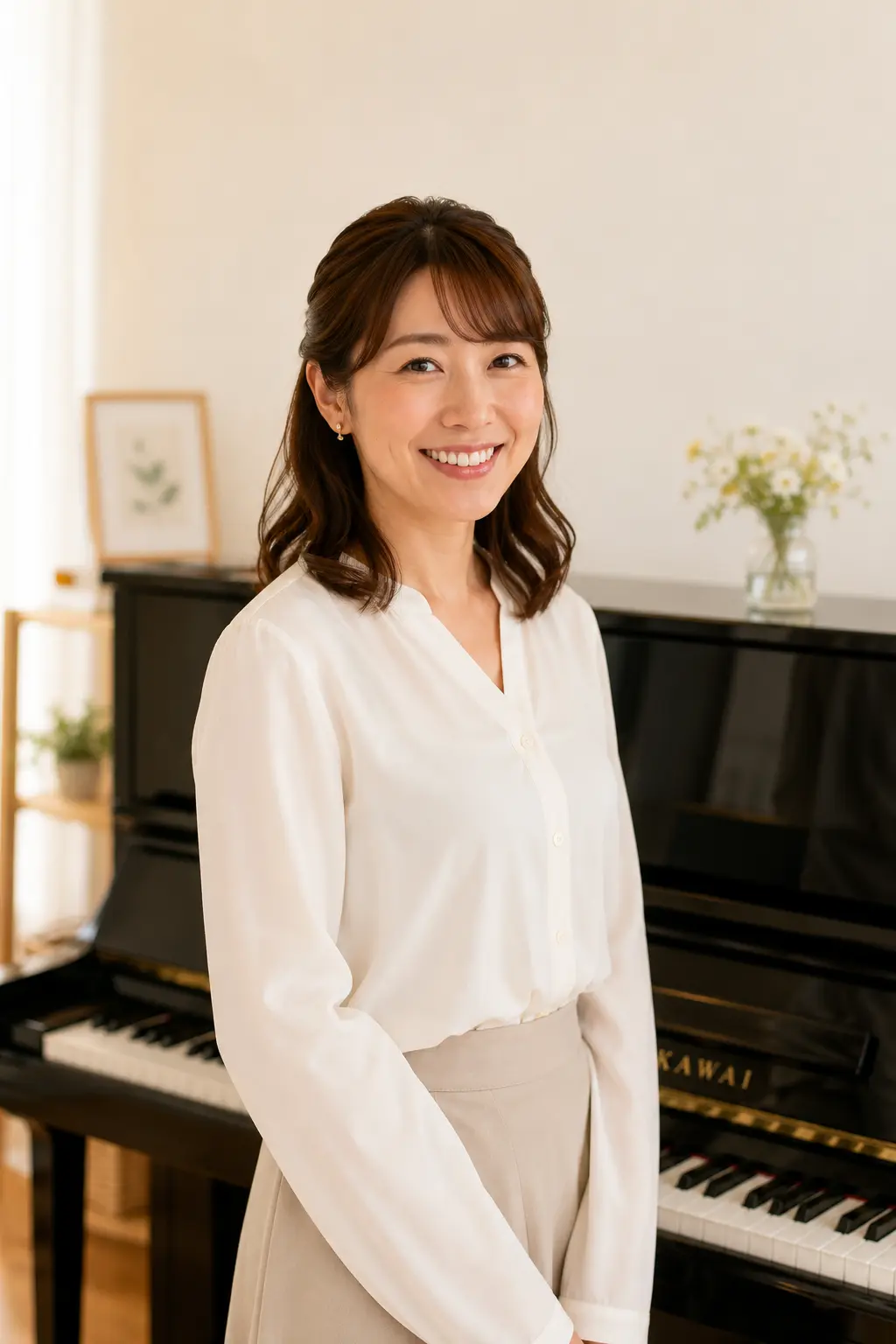 アップライトピアノの前に立ち、柔らかい笑顔を見せる講師 佐藤美咲先生